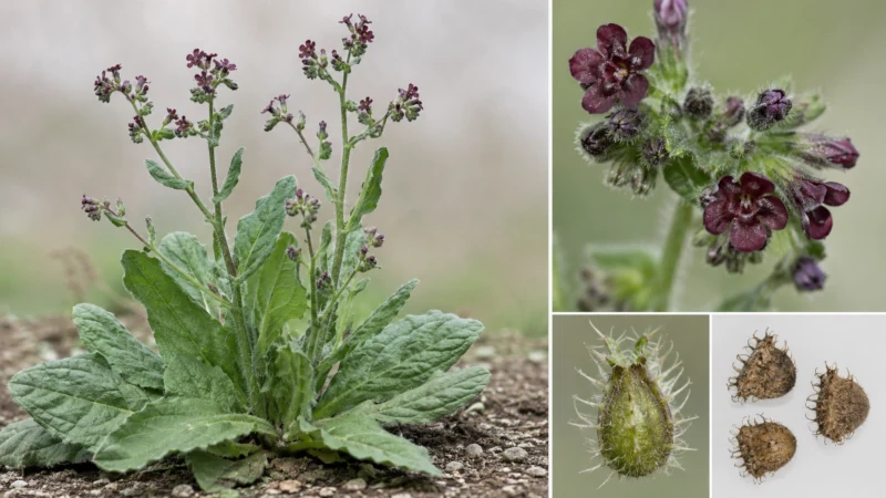 Hounds tongue plant showing rosette leaves, reddish-purple flowers and barbed nutlets