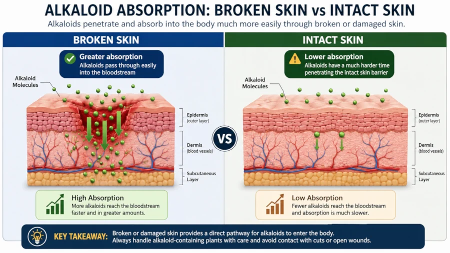 Comparison graphic showing greater alkaloid absorption through broken skin than intact skin