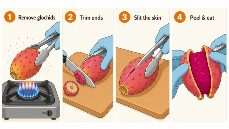 Four-step illustration showing gloved hands singeing, trimming ends, slitting the skin, and peeling a prickly pear fruit.