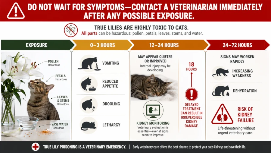 Timeline showing lily poisoning signs in cats from 0 to 72 hours after exposure