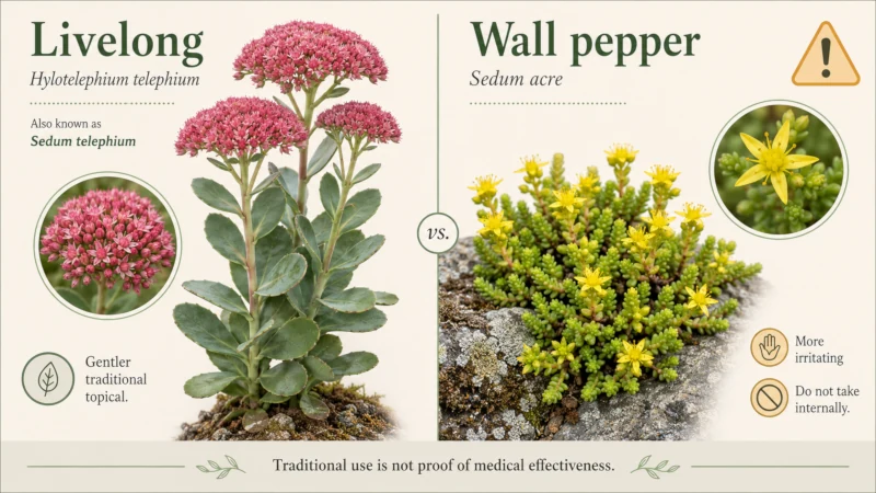 Side-by-side of livelong and yellow-flowered wall pepper (Sedum acre) noting wall pepper's greater toxicity.