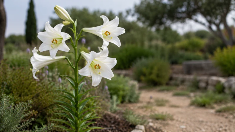 Madonna lily plant showing white trumpet flowers on a tall leafy stem