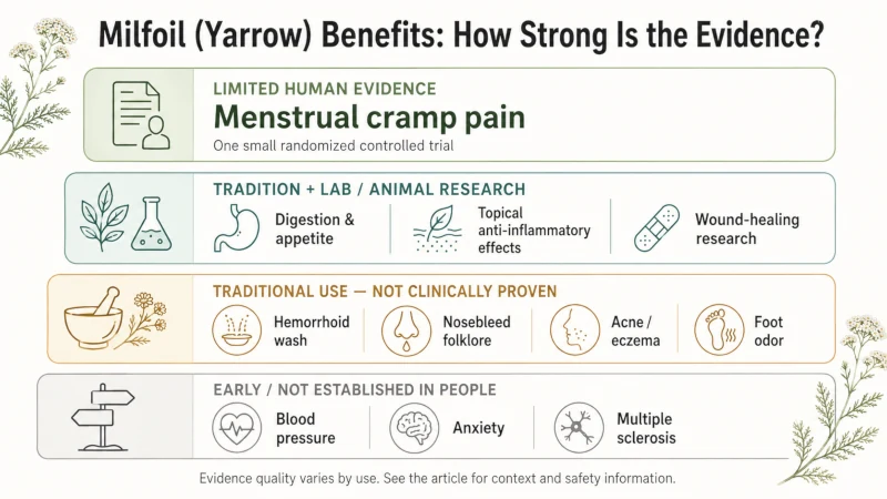 Evidence chart comparing the strength of research behind different yarrow or milfoil benefits