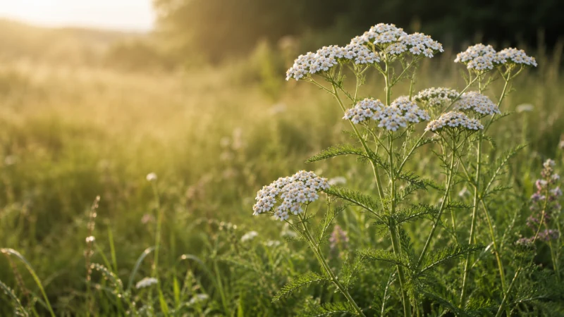 White-flowered yarrow or milfoil growing naturally in a sunny meadow