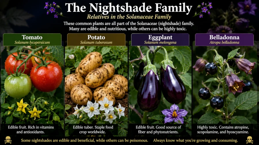 Nightshade family relatives including tomato, potato, eggplant, and belladonna