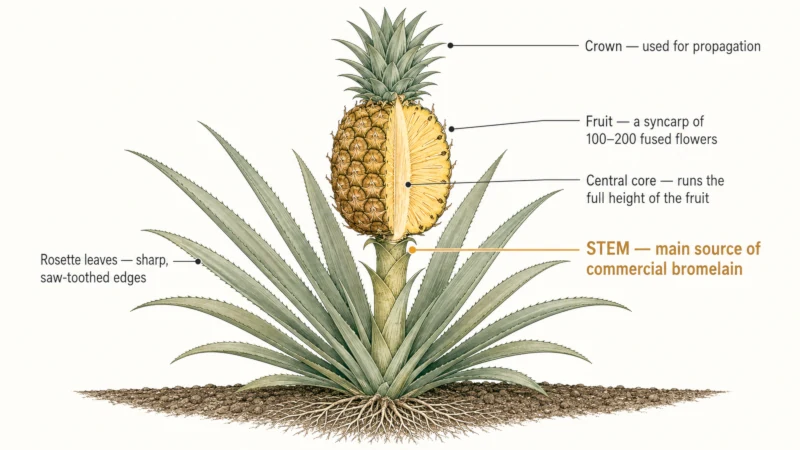 Cutaway diagram of a pineapple plant labeling the crown, fruit, central core, stem, rosette leaves, and roots, with the stem identified as the main source of commercial bromelain.