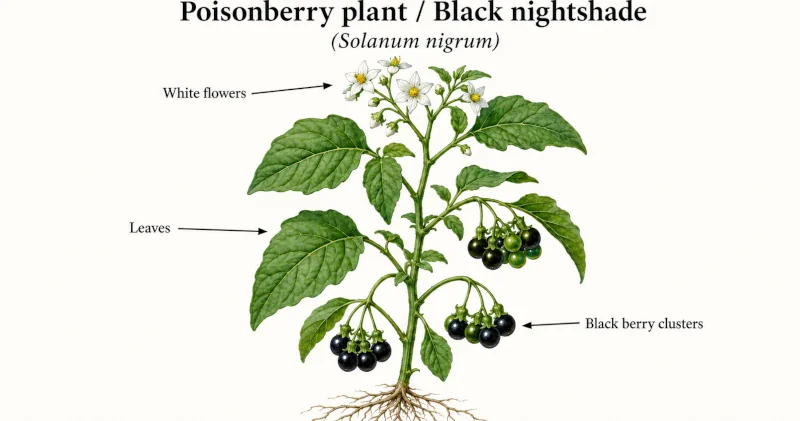 Labeled diagram of the poisonberry plant showing leaves, white flowers, and black berry clusters.