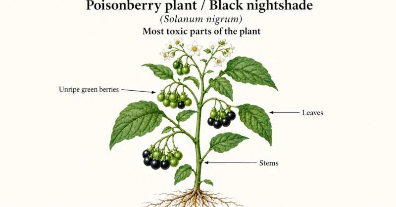 Diagram showing the most toxic parts of the poisonberry plant: unripe green berries, leaves, and stems.
