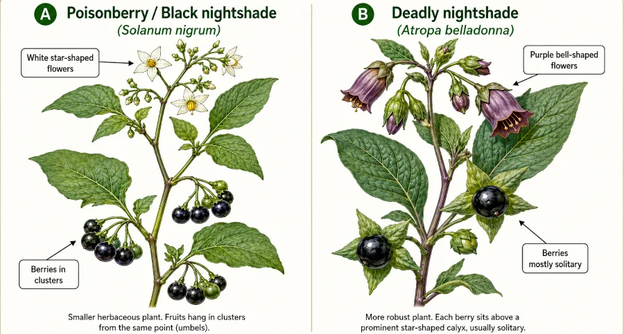 Poisonberry plant (black nightshade) compared with deadly nightshade, showing flower shape and berry clustering differences.