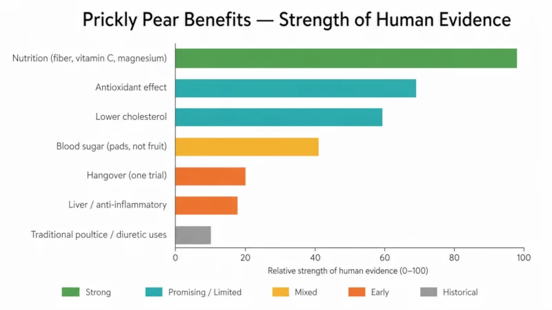 Horizontal bar chart ranking prickly pear benefits by strength of human evidence, from strong nutrition to historical traditional uses.
