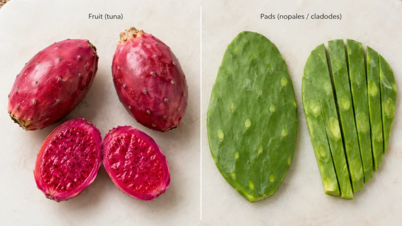 Side-by-side of a peeled magenta prickly pear fruit and sliced green nopal cactus pads on a cutting board.
