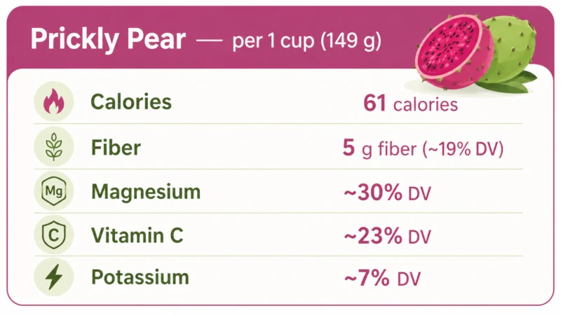 Infographic card showing prickly pear nutrition per one-cup serving: 61 calories, 5 g fiber, magnesium, vitamin C, potassium.