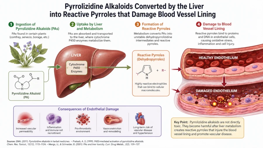 Diagram showing pyrrolizidine alkaloids converted by the liver into reactive pyrroles that damage blood vessel lining