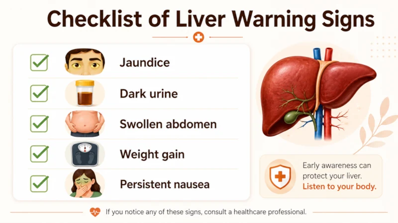 Checklist of liver warning signs: jaundice, dark urine, swollen abdomen, weight gain, persistent nausea