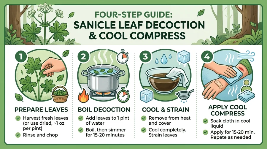 Four-step infographic showing how to prepare a sanicle leaf decoction and apply it as a cool compress.
