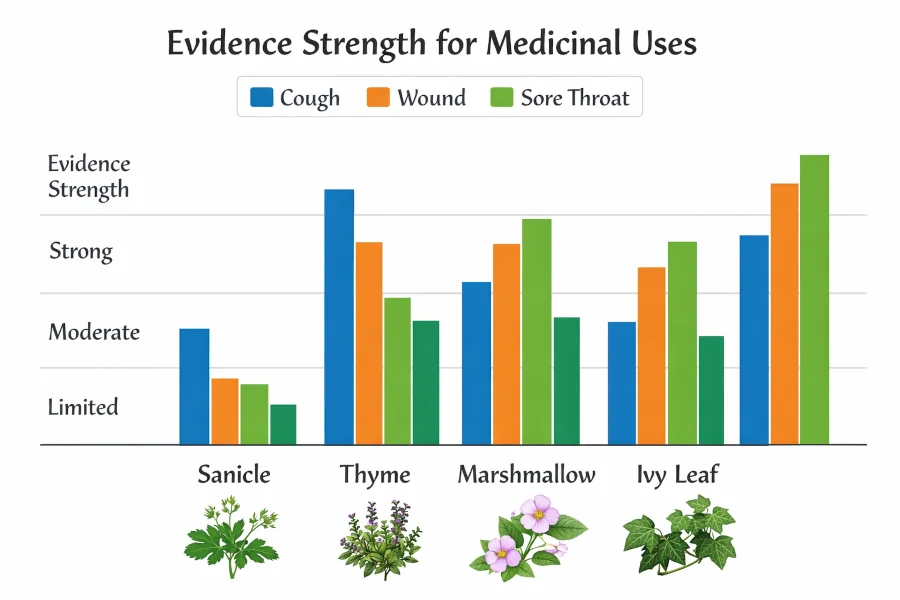 Bar chart comparing evidence strength for sanicle, thyme, marshmallow, and ivy leaf across cough, wound, and sore-throat uses.