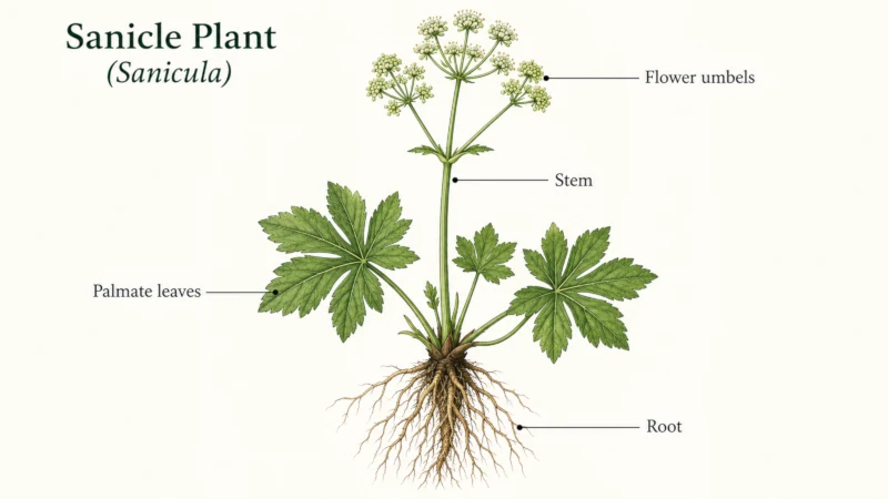 Labelled botanical diagram of the sanicle plant showing palmate leaves, flower umbels, stem, and root.