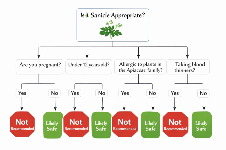 Decision tree helping readers decide whether sanicle is appropriate based on pregnancy, age, allergies, and medications.