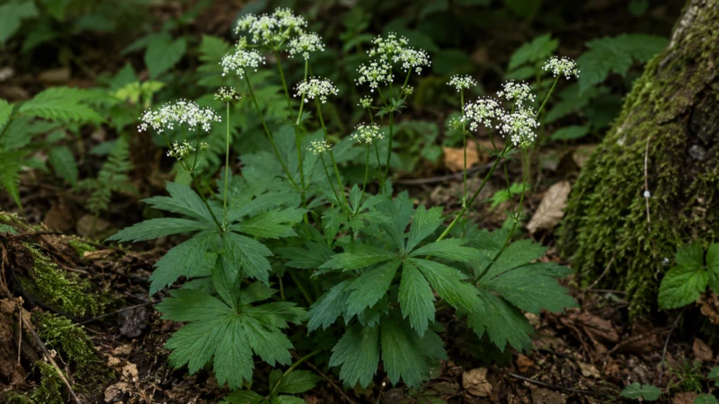 European sanicle (Sanicula europaea) growing on a shaded woodland floor, showing palmate basal leaves and small white umbel flowers.