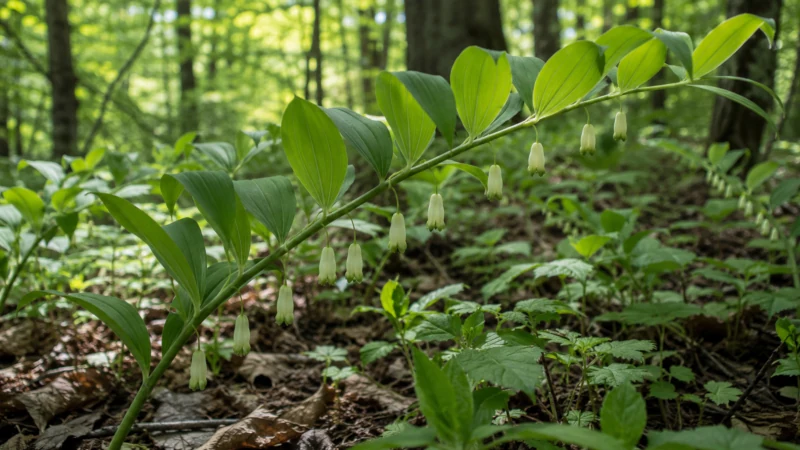 Solomon’s seal plant with arching stems and bell-shaped flowers growing in a shaded woodland