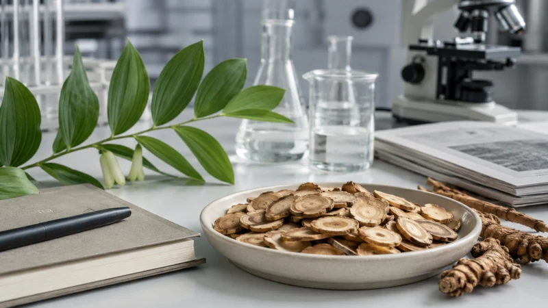 Dried Solomon’s seal rhizome beside laboratory research materials representing the limited scientific evidence on the herb