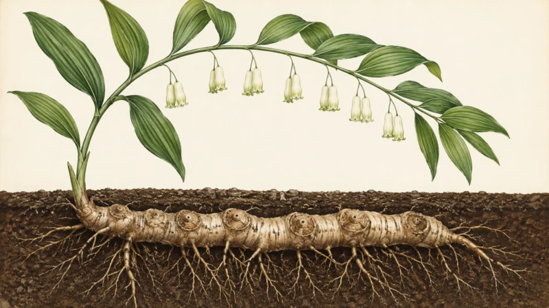 Solomon’s seal plant showing its underground rhizome and circular stem scars that give the plant its name