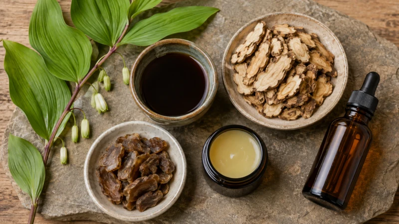 Dried Solomon’s seal rhizome shown with traditional decoction, tincture, salve, and steamed preparations