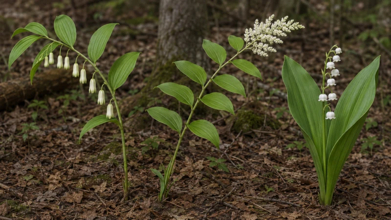True Solomon’s seal compared with false Solomon’s seal and toxic lily of the valley, highlighting their different flower arrangements