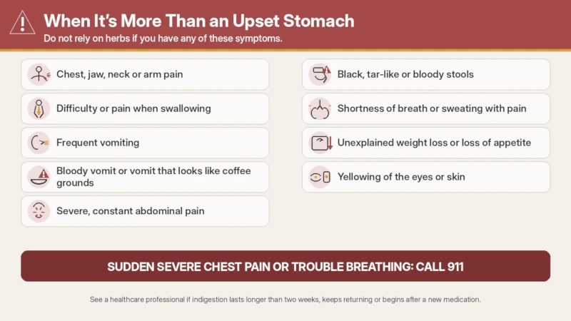Warning list of stomach symptoms needing urgent medical care, including bloody vomit and black stools.