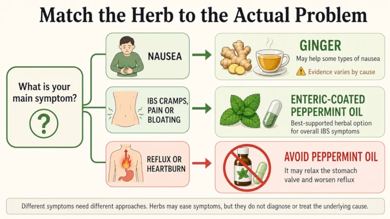 Decision chart matching nausea, IBS and reflux to the right or wrong herb.