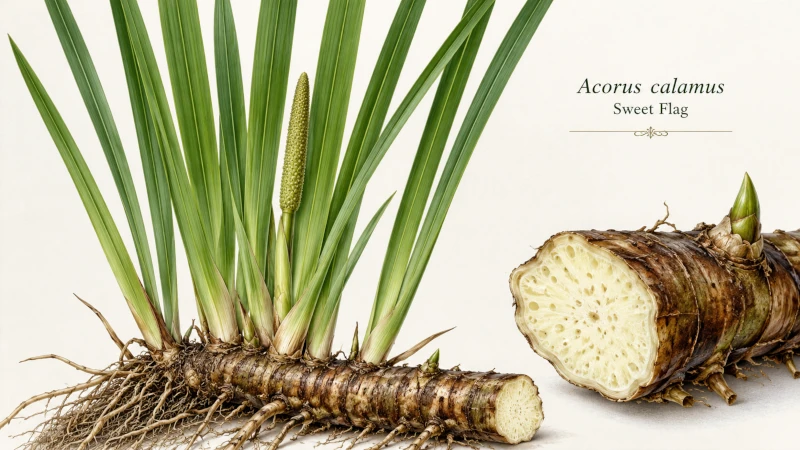 Sweet flag (Acorus calamus) plant with sword-shaped leaves and a cut rhizome.