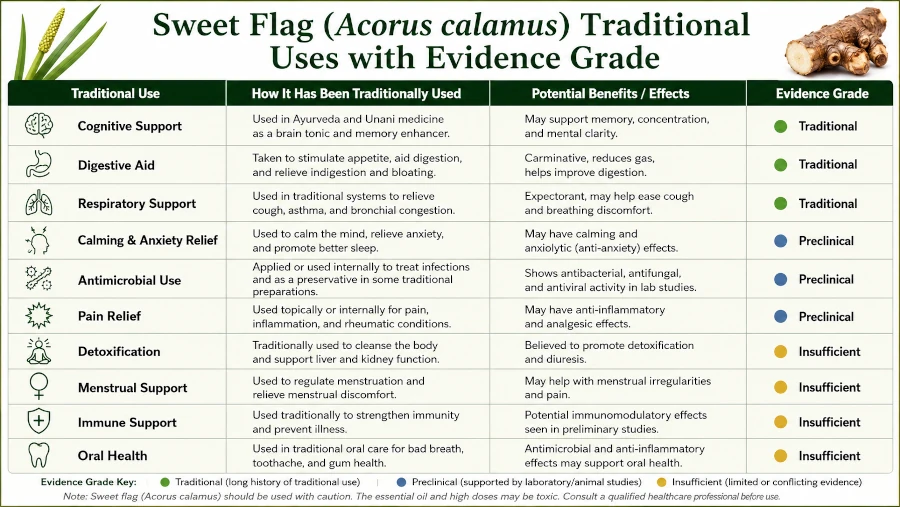 Table listing sweet flag traditional uses with evidence grade: traditional, preclinical, or insufficient.