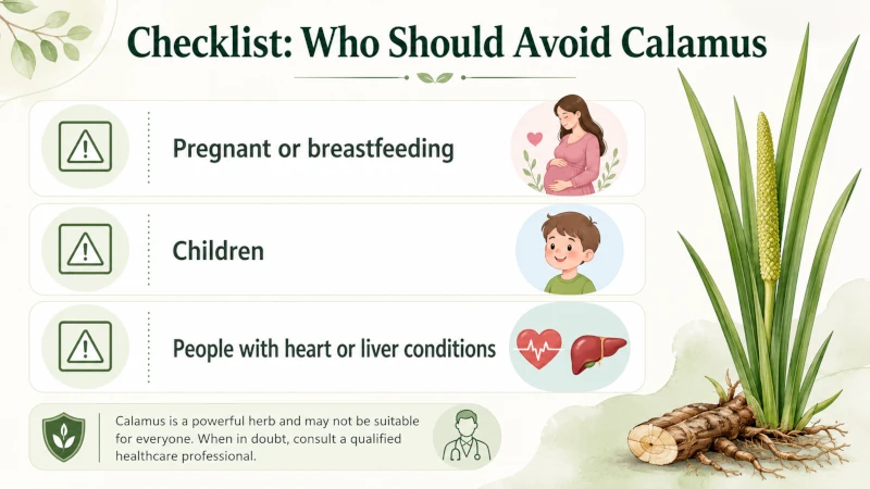 Checklist of groups who should avoid calamus: pregnant or breastfeeding, children, heart or liver conditions.