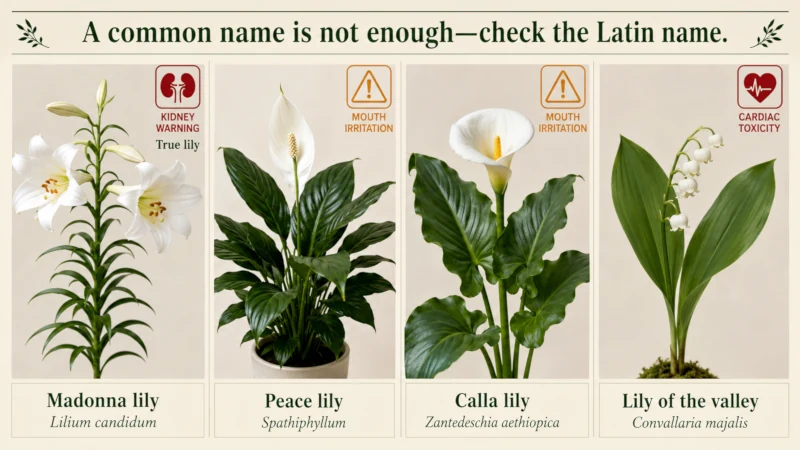 Side-by-side photos comparing a true lily with peace lily, calla lily and lily of the valley