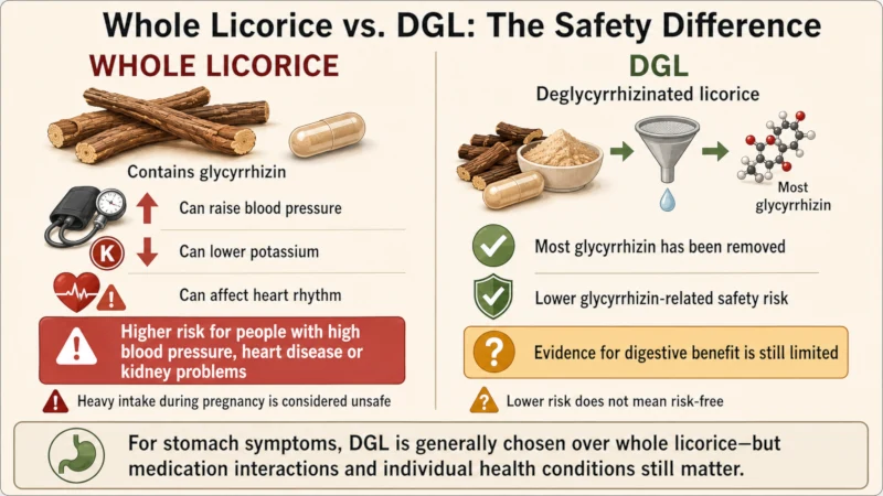 Comparison of whole licorice and DGL and their effect on blood pressure and potassium.