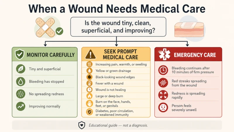 Decision flowchart showing wound warning signs that need same-day care versus emergency care.
