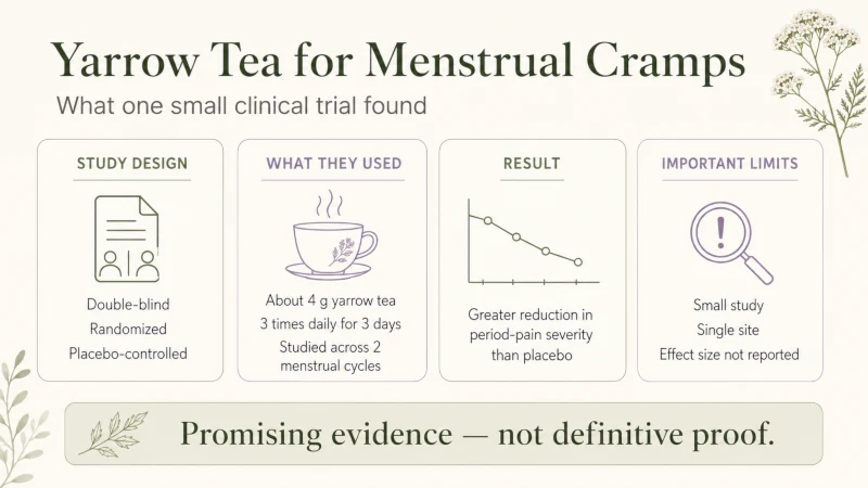 Infographic summarizing a small randomized trial of yarrow tea for menstrual cramp pain