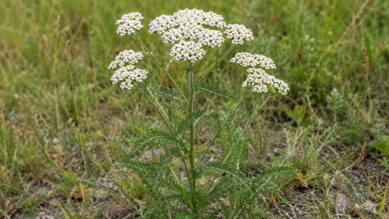 Common yarrow plant showing flat white flower clusters and finely divided feathery leaves
