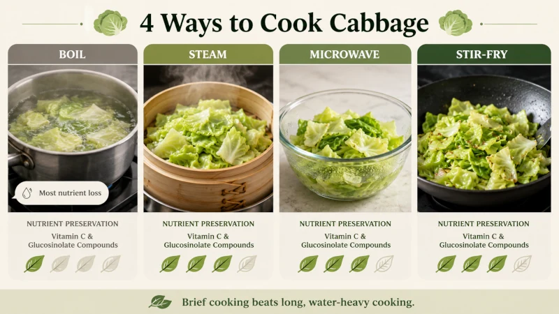 Infographic comparing boiling steaming microwaving and stir-frying cabbage for nutrient preservation