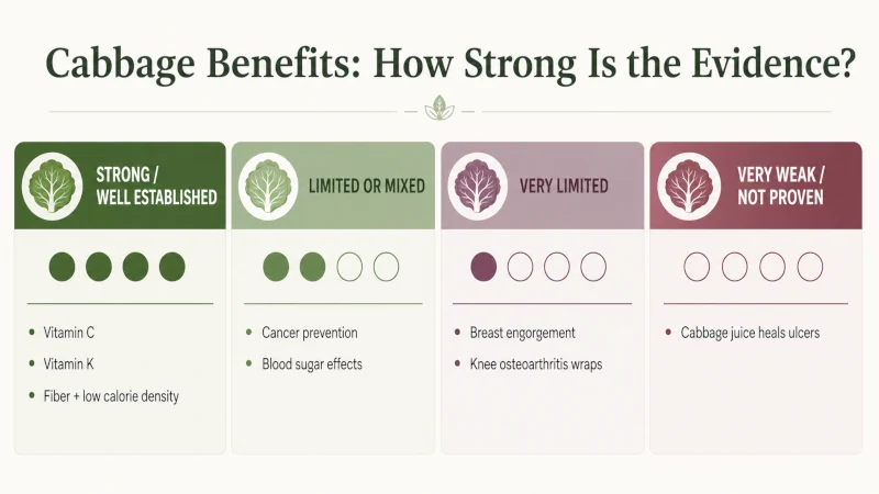 Infographic showing the strength of evidence behind common cabbage health benefit claims