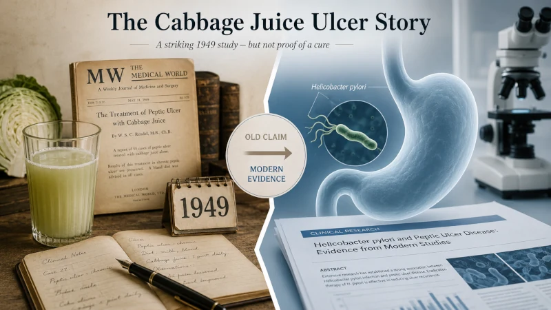 Editorial illustration contrasting the 1949 cabbage juice ulcer study with modern evidence about peptic ulcers