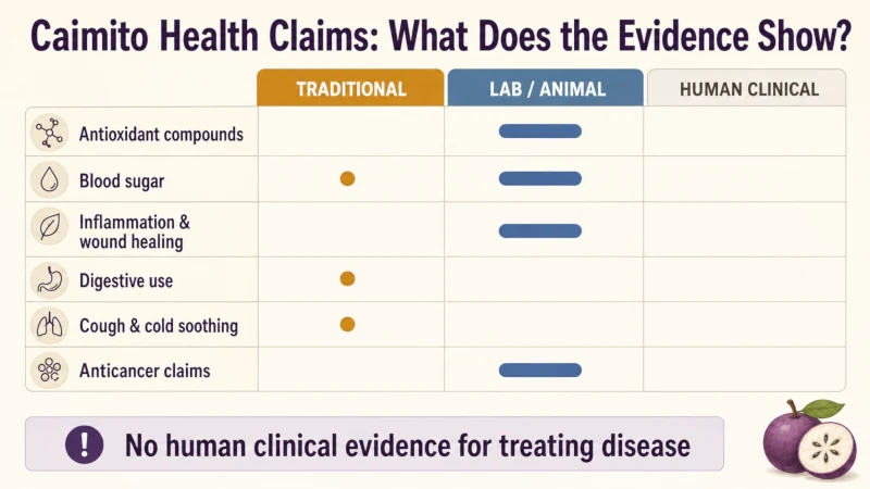 Evidence chart showing that caimito health claims are based mainly on laboratory, animal, or traditional evidence rather than human clinical trials.