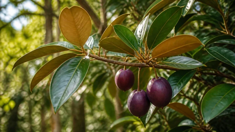 Caimito tree branch with glossy green leaves, golden-brown leaf undersides, and ripe purple star apple fruit.