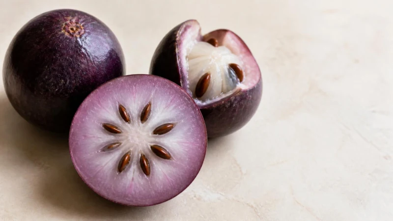 Ripe purple caimito star apple cut in half showing its white star-shaped interior.