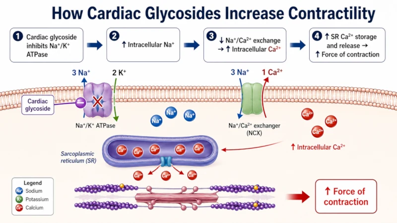 Diagram showing how cardiac glycosides block the sodium-potassium pump in a heart muscle cell, raising calcium and increasing contraction force.