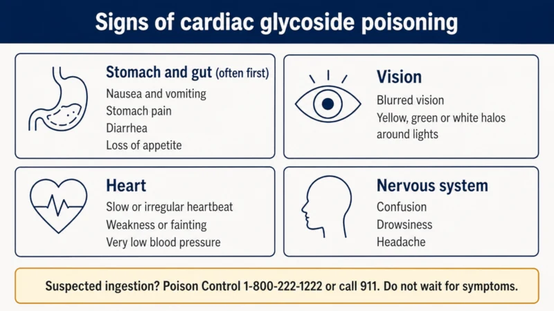 Reference chart grouping cardiac glycoside poisoning symptoms by body system, with the Poison Control number 1-800-222-1222.