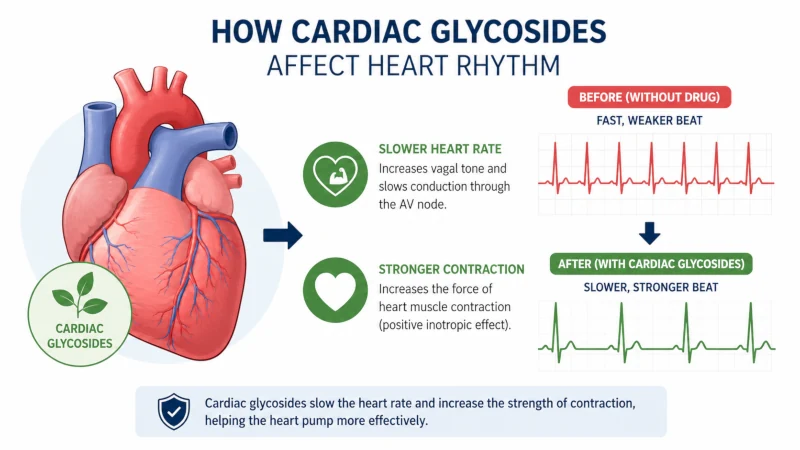 Simple diagram showing cardiac glycosides affecting heart rhythm