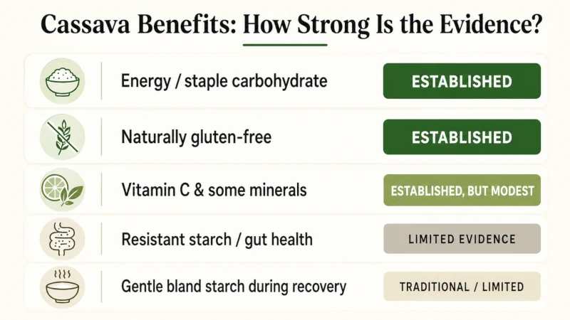 Evidence chart showing established and limited health and nutrition benefits of cassava