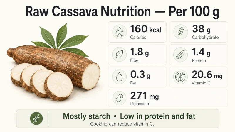 Raw cassava nutrition per 100 grams showing calories, carbohydrate, fiber, protein, vitamin C, and potassium