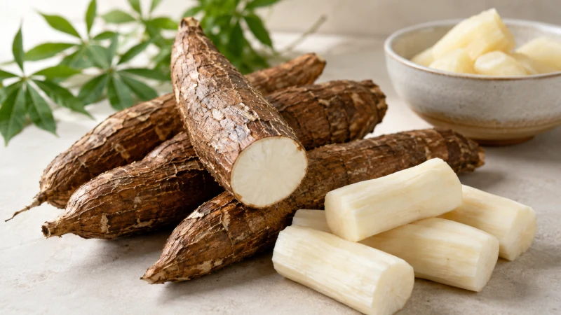 Fresh cassava roots with peeled and cut yuca pieces ready for cooking